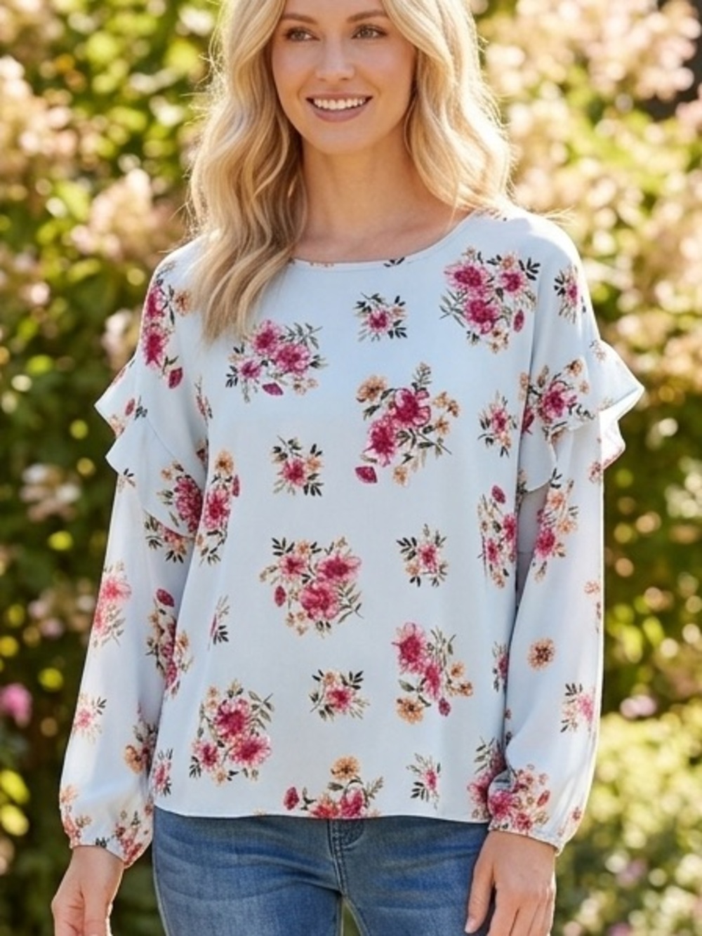 NWOT Light Blue Floral Drop Ruffle Shoulder Blouse with Pink Rose Print